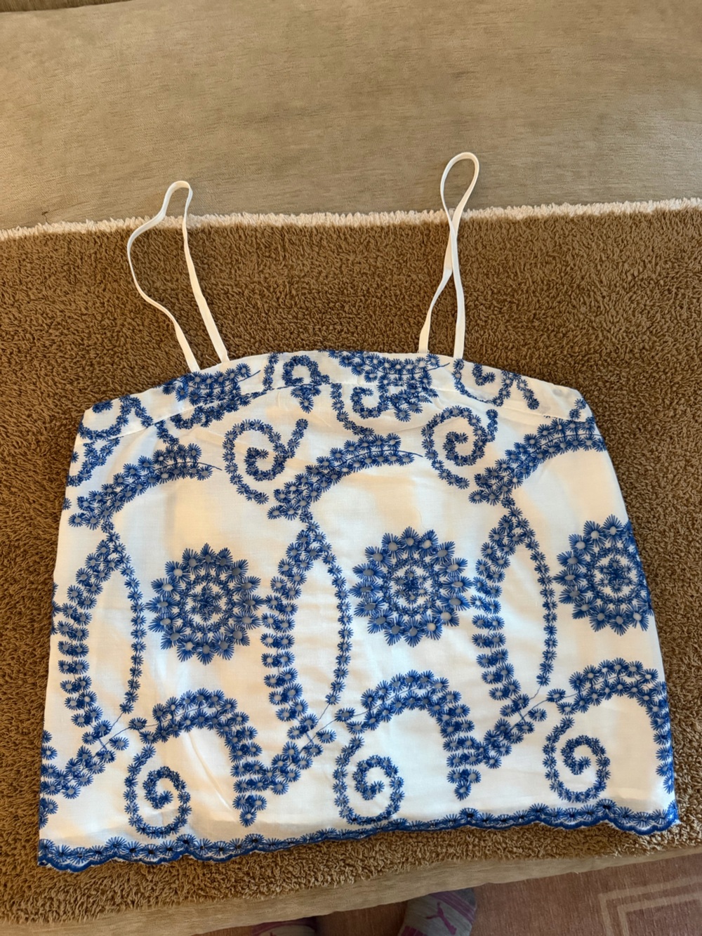 White Tank Top with Blue Floral Embroidery